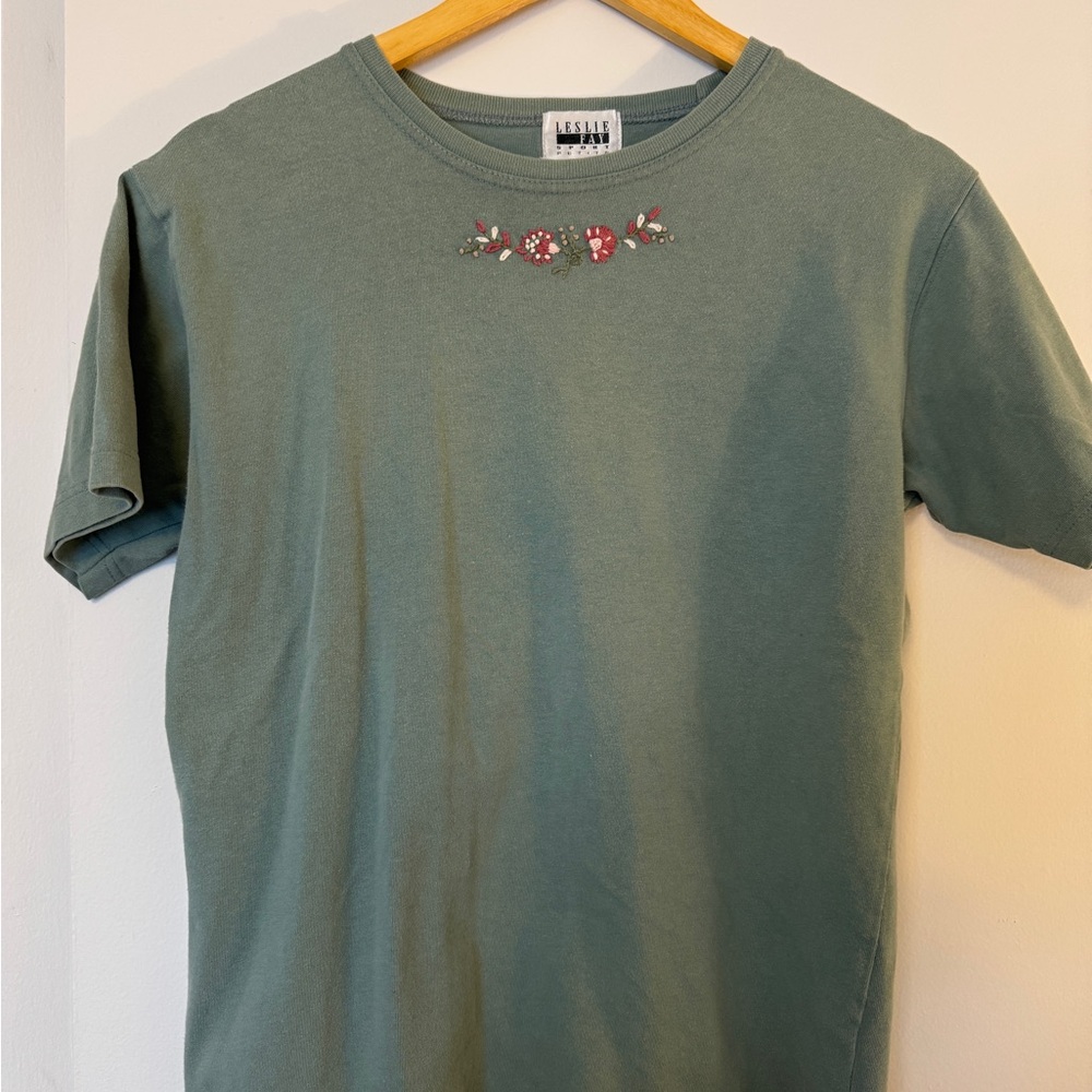 Leslie Fay Olive Tee with Floral Embroidery